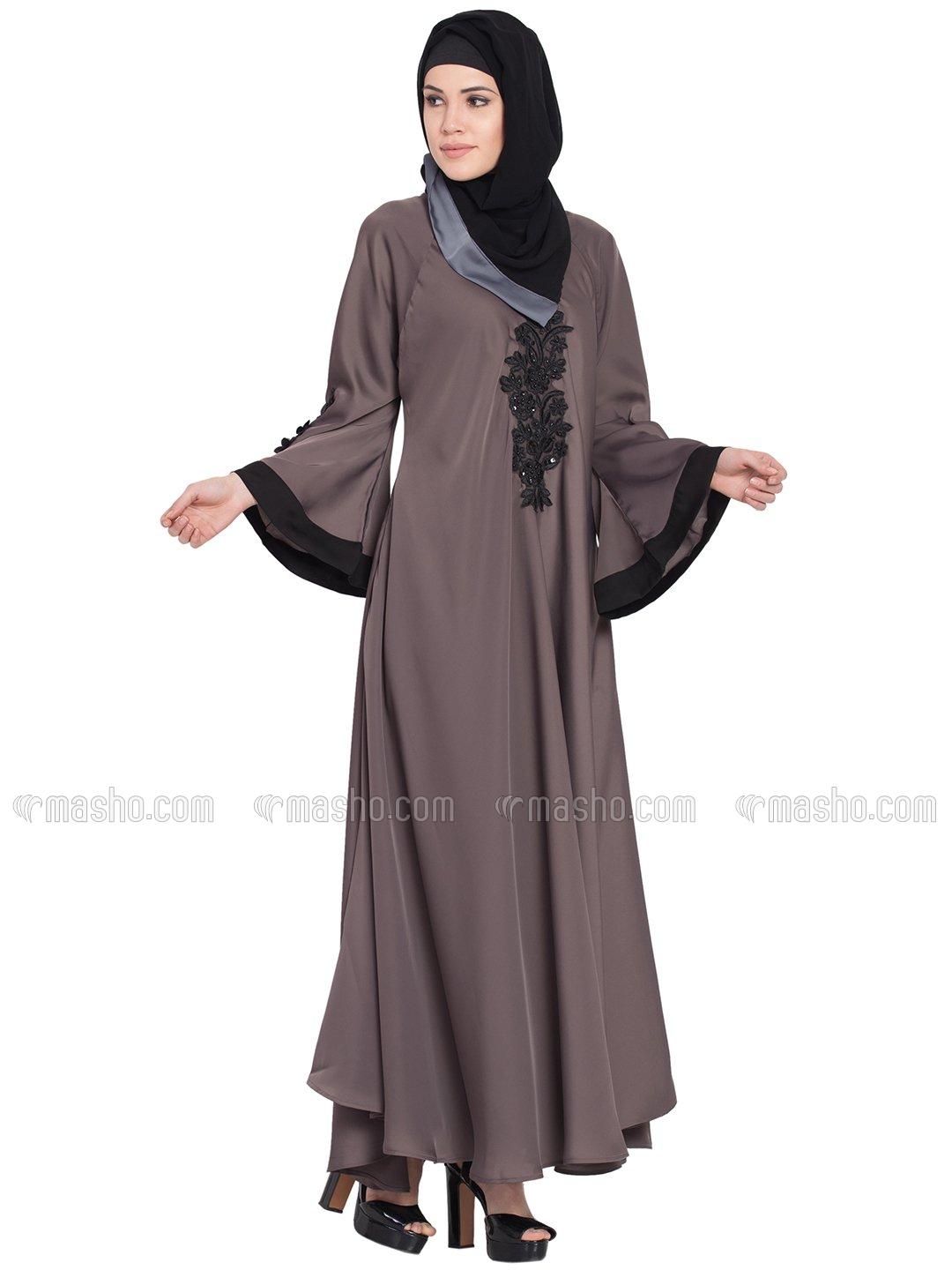Wholesale 100 Polyester Satin Embroidered Patch Umbrella Abaya in Coffee Brown