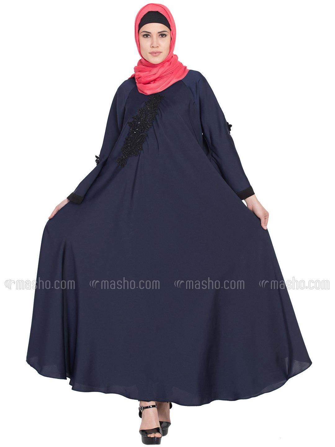 Wholesale 100 Polyester Satin Embroidered Patch Umbrella Abaya in Navy