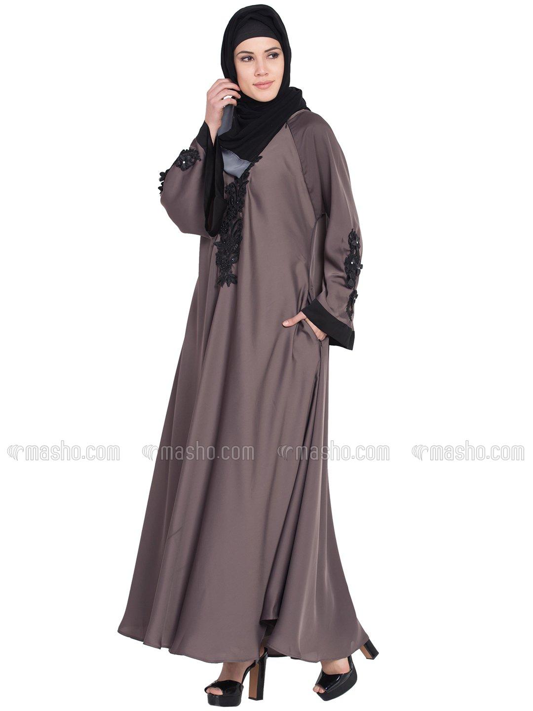 Wholesale 100 Polyester Satin Embroidered Patch Umbrella Abaya in Coffee Brown