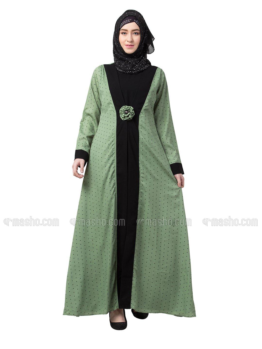 Wholesale Nida Matte Crepe Layered Abaya With Polka Dotted In Green And Black