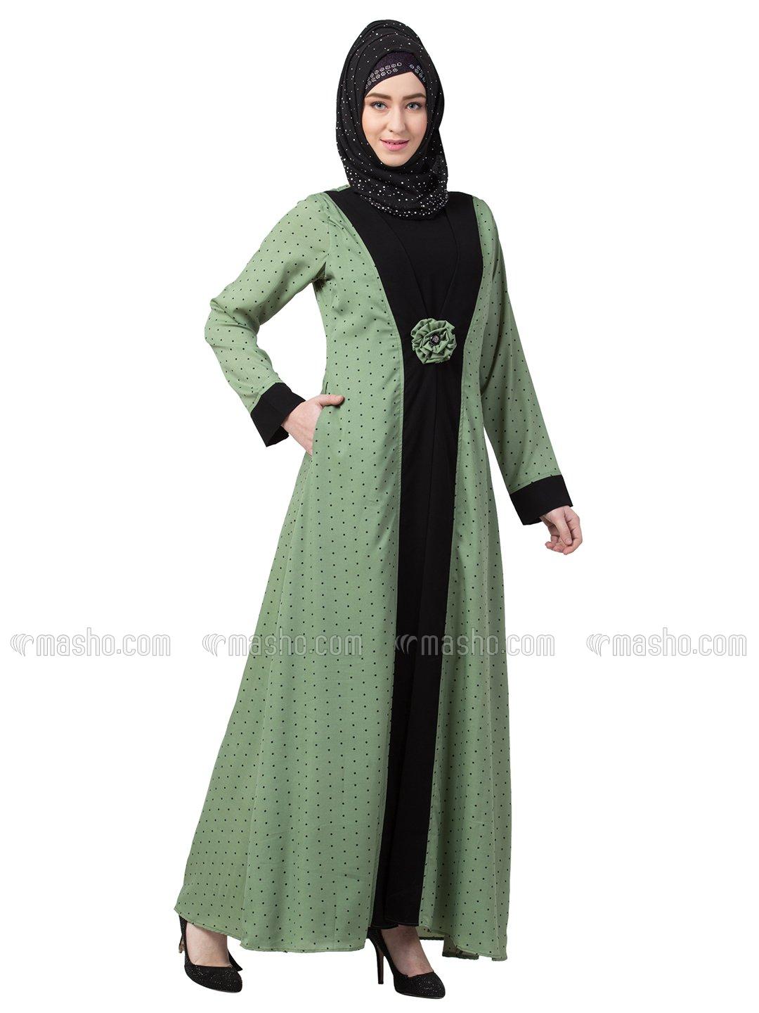 Wholesale Nida Matte Crepe Layered Abaya With Polka Dotted In Green And Black
