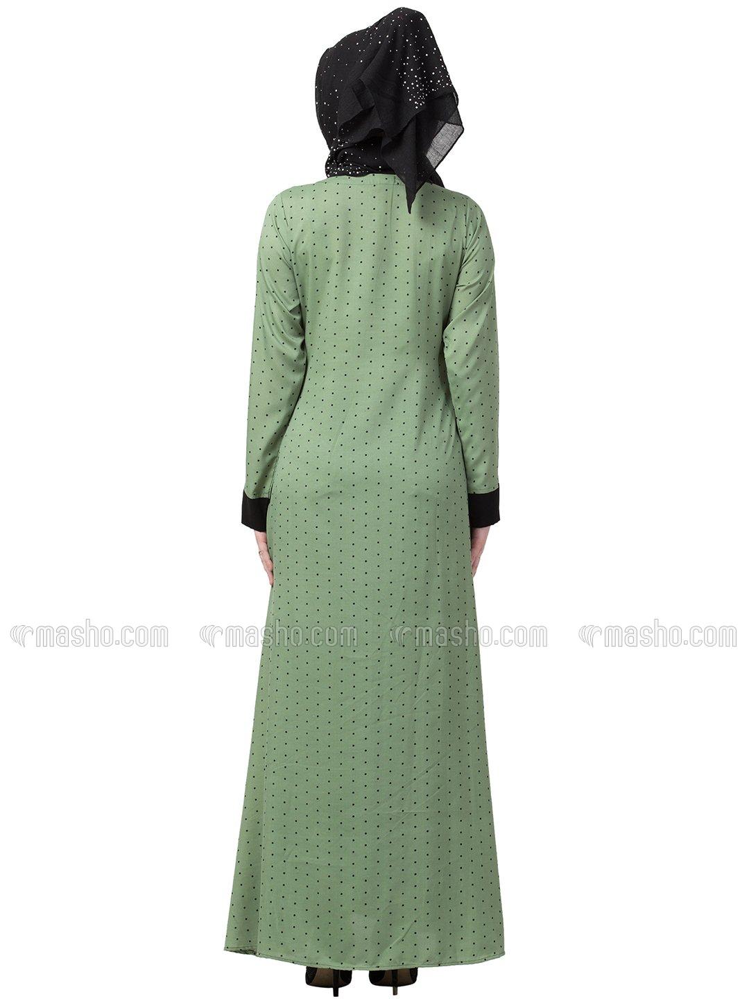 Wholesale Nida Matte Crepe Layered Abaya With Polka Dotted In Green And Black