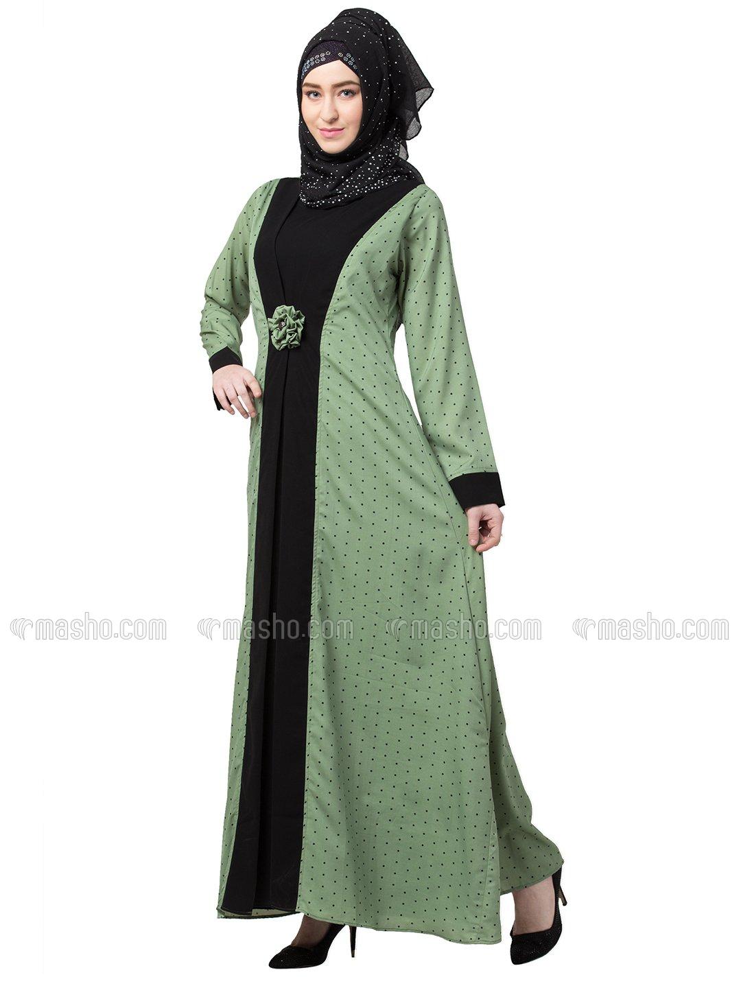Wholesale Nida Matte Crepe Layered Abaya With Polka Dotted In Green And Black
