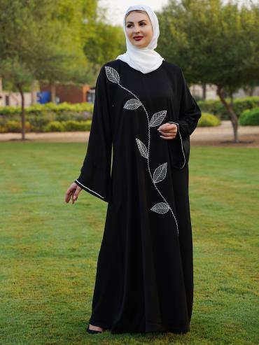 Wholesale Black Zoom Abaya with White Crystal Hand Work on the Front and sleeves 