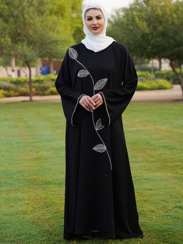 Wholesale Black Zoom Abaya with White Crystal Hand Work on the Front and sleeves 