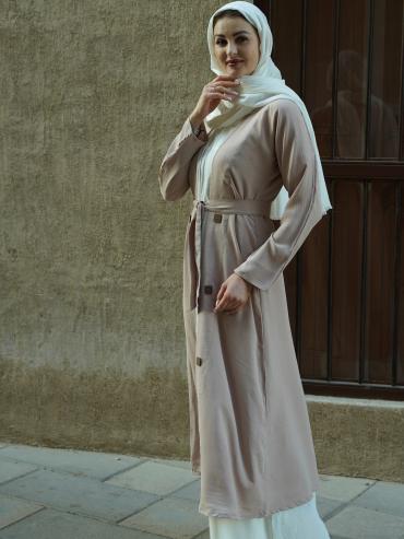 Wholesale Off White and Almond Modest Dress with a Shrug Show Buttons on the Front and a Belt