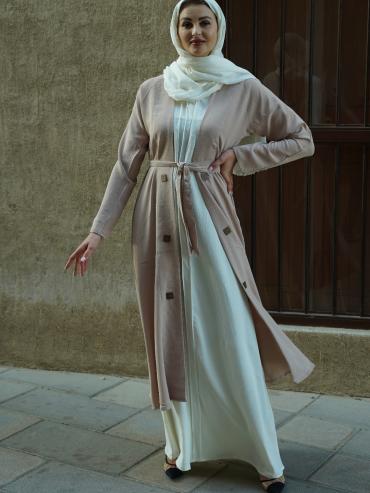 Wholesale Off White and Almond Modest Dress with a Shrug Show Buttons on the Front and a Belt