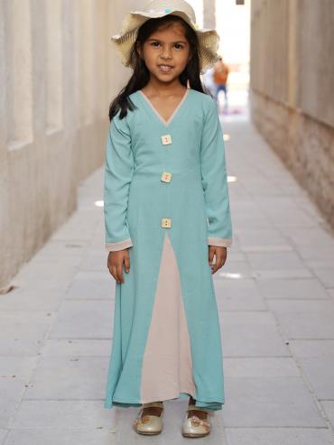 Wholesale Turquoise and Almond Kids Modest Dress with Show Buttons on the Front
