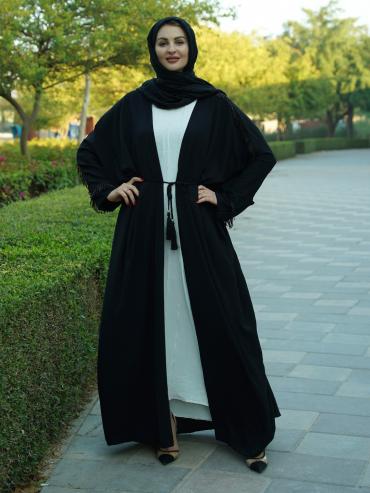 Wholesale Off White and Black Modest Dress with Crystal Piping on the Sleeves