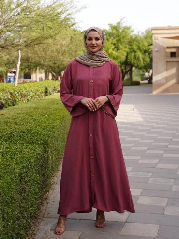 Wholesale Stylish Puce Pink Modest Dress with a Show Button on the Front and Beige Piping on the Sle