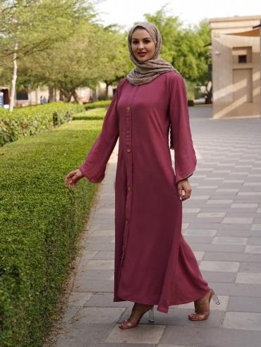 Wholesale Stylish Puce Pink Modest Dress with a Show Button on the Front and Beige Piping on the Sle