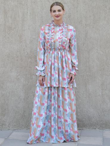 Wholesale Layered Modest Dress with Mosaic Print