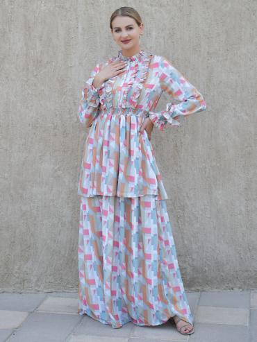 Wholesale Layered Modest Dress with Mosaic Print