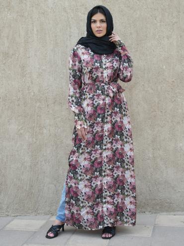 Wholesale Stylish Front Open Modest Dress with Floral Print