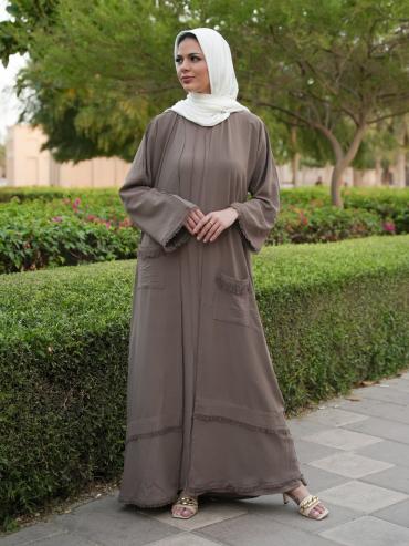 Wholesale Brown Modest Dress with Weaving Yarn Work on the Front and Pocket