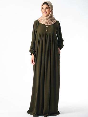 Wholesale Pleated Abaya with Show Buttons in Olive