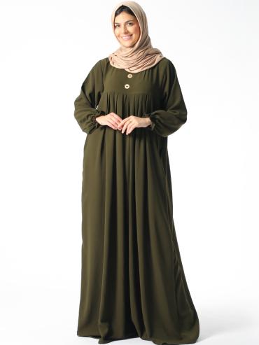 Wholesale Pleated Abaya with Show Buttons in Olive