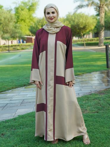 Wholesale  Dark Maroon And Beige Simple Zoom Abaya 