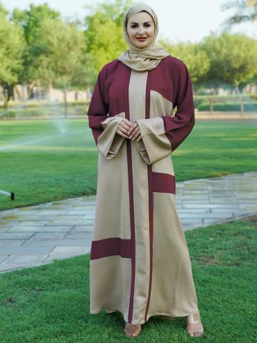 Wholesale  Dark Maroon And Beige Simple Zoom Abaya 