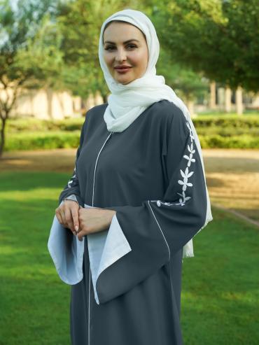 Bulk Ash Abaya with Embroidered Sleeves and Piping Design