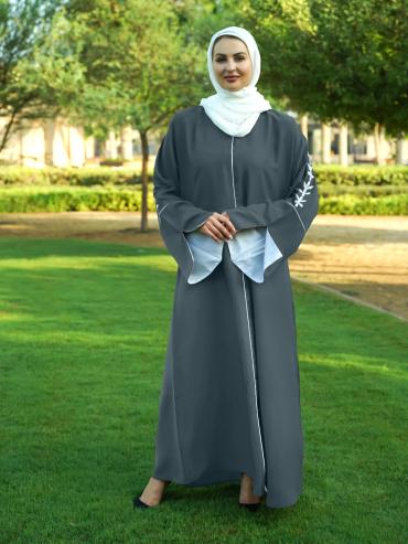 Bulk Ash Abaya with Embroidered Sleeves and Piping Design