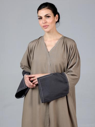 Wholesale Elegant Front Open Linen Abaya In Brown