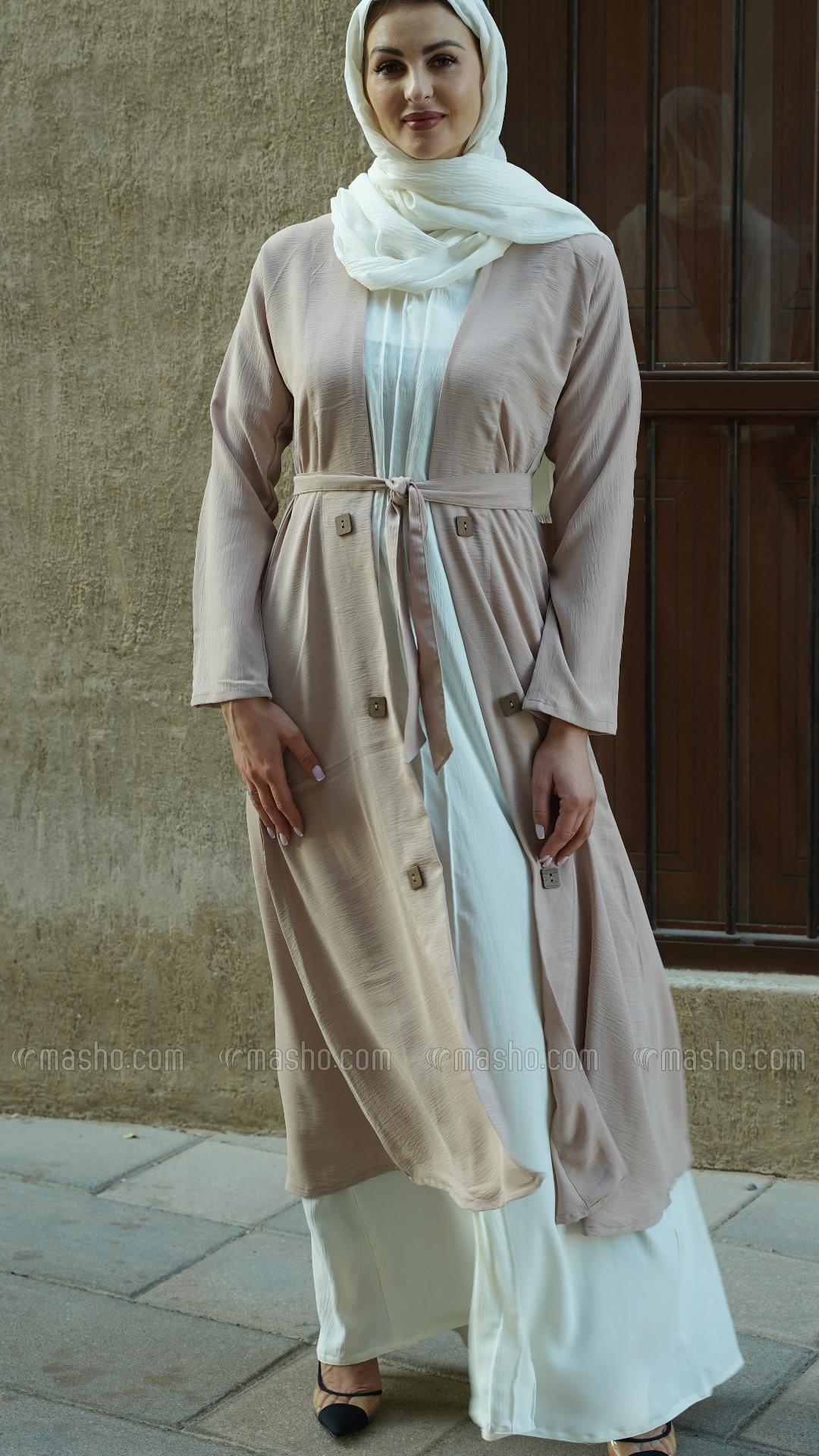Wholesale Off White and Almond Modest Dress with a Shrug Show Buttons on the Front and a Belt
