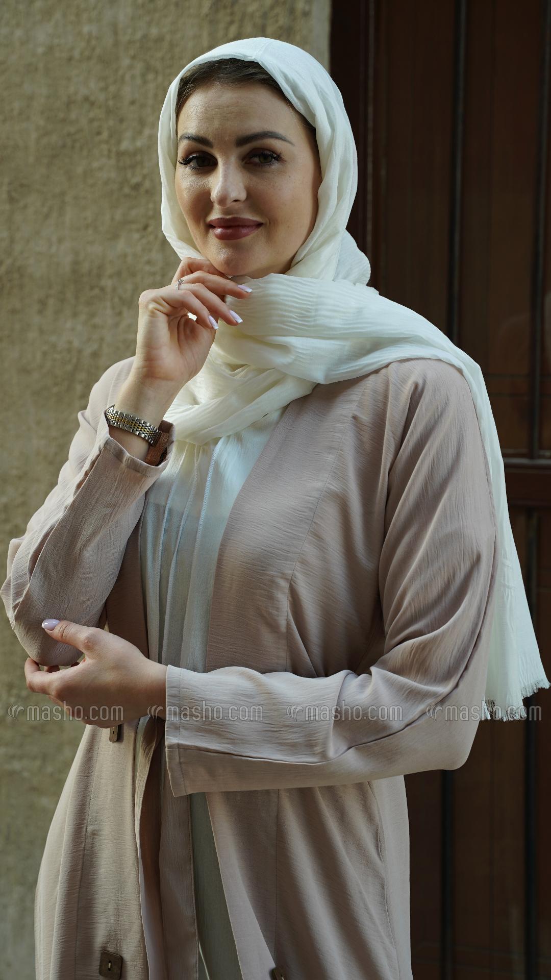 Wholesale Off White and Almond Modest Dress with a Shrug Show Buttons on the Front and a Belt