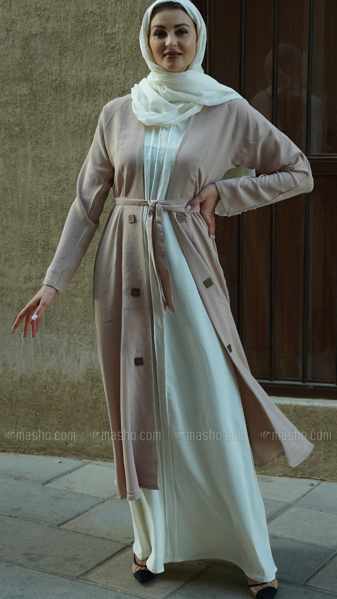 Wholesale Off White and Almond Modest Dress with a Shrug Show Buttons on the Front and a Belt