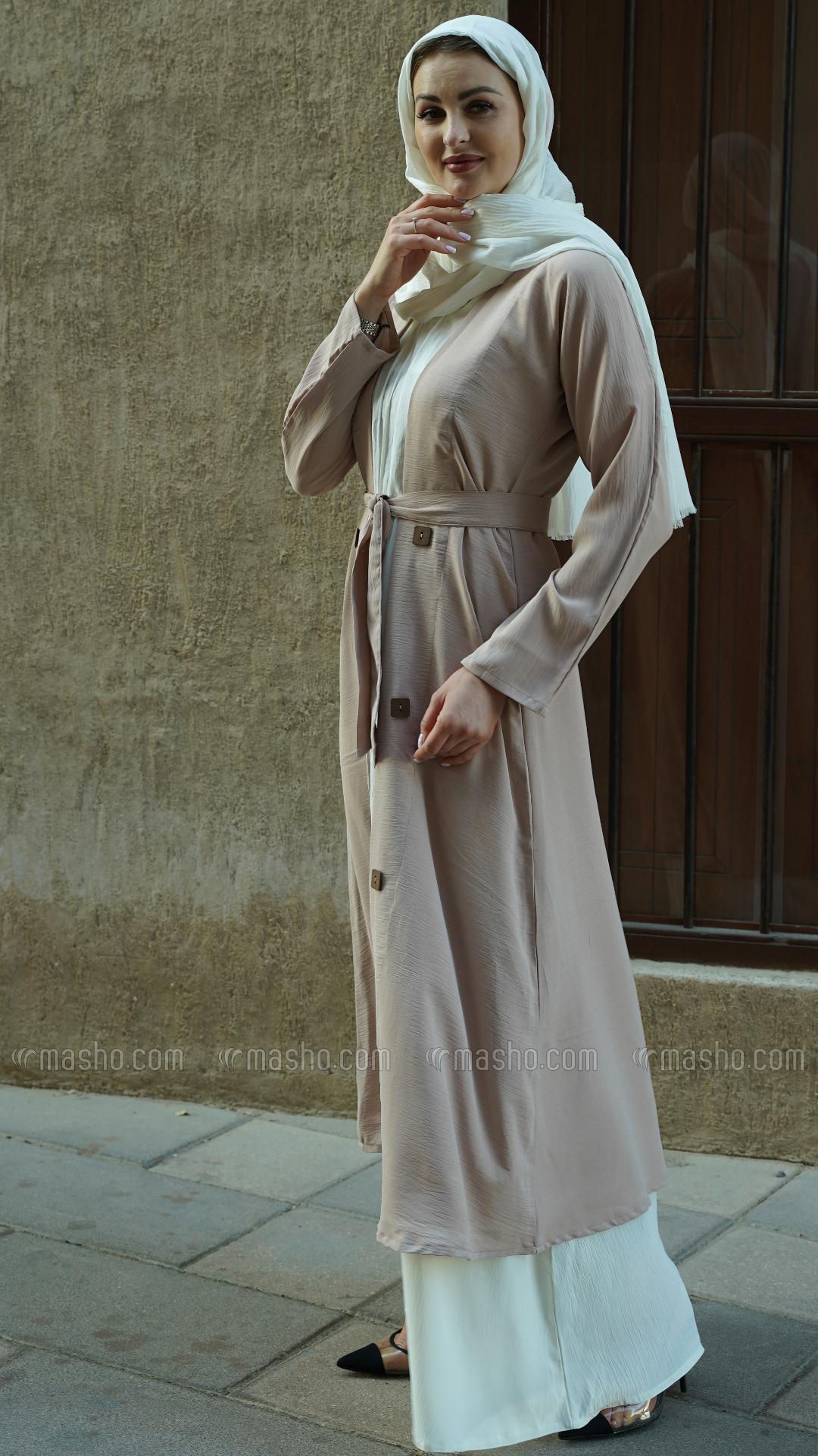 Wholesale Off White and Almond Modest Dress with a Shrug Show Buttons on the Front and a Belt
