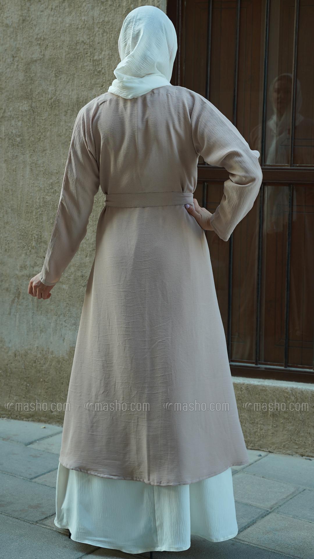Wholesale Off White and Almond Modest Dress with a Shrug Show Buttons on the Front and a Belt
