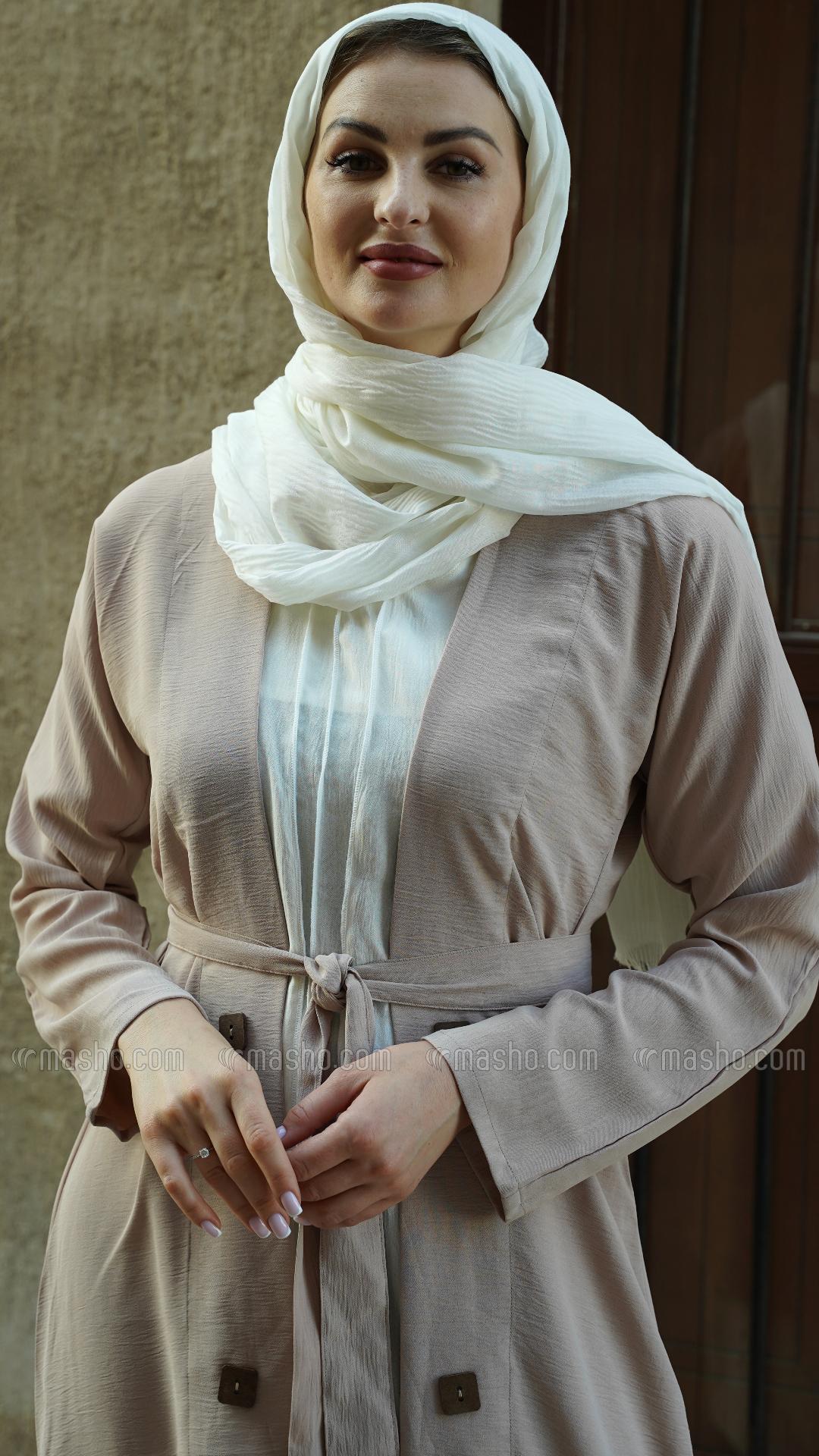 Wholesale Off White and Almond Modest Dress with a Shrug Show Buttons on the Front and a Belt