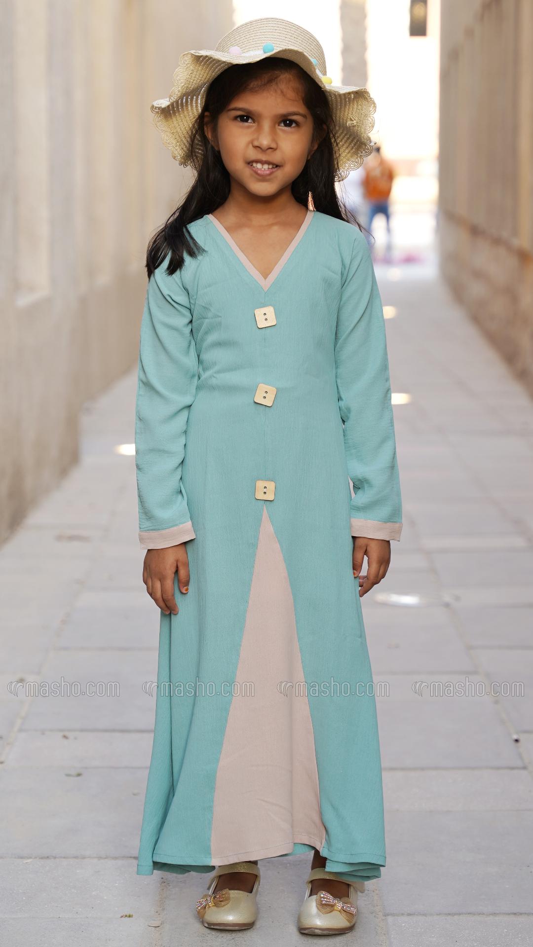 Wholesale Turquoise and Almond Kids Modest Dress with Show Buttons on the Front