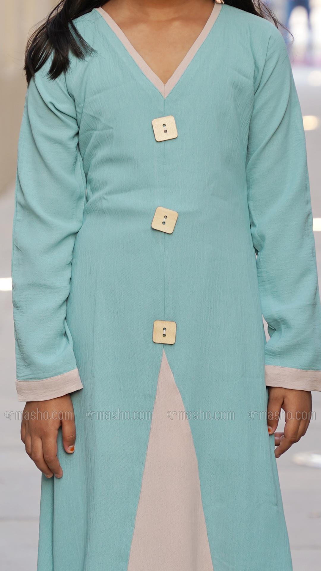 Wholesale Turquoise and Almond Kids Modest Dress with Show Buttons on the Front