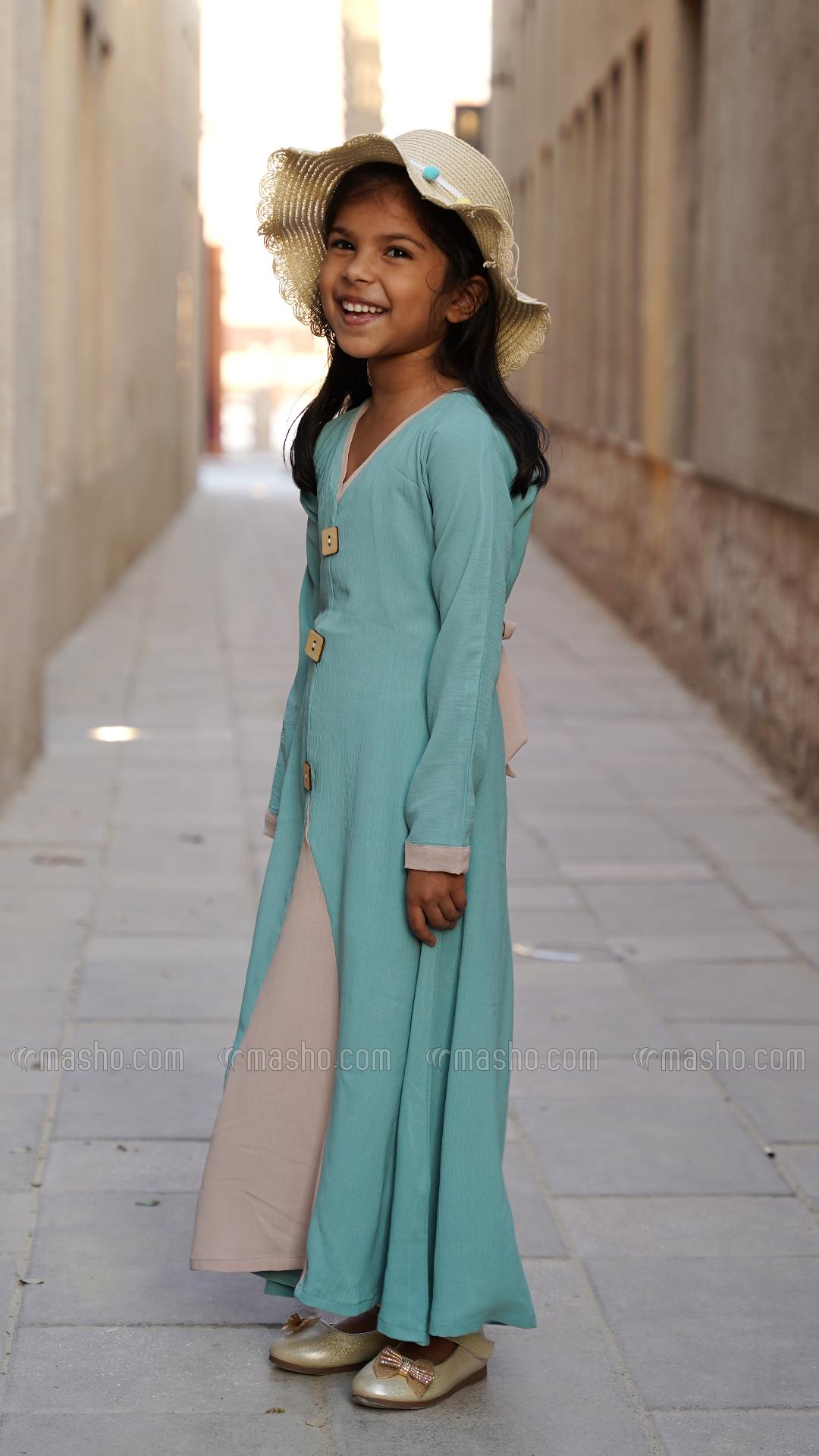 Wholesale Turquoise and Almond Kids Modest Dress with Show Buttons on the Front
