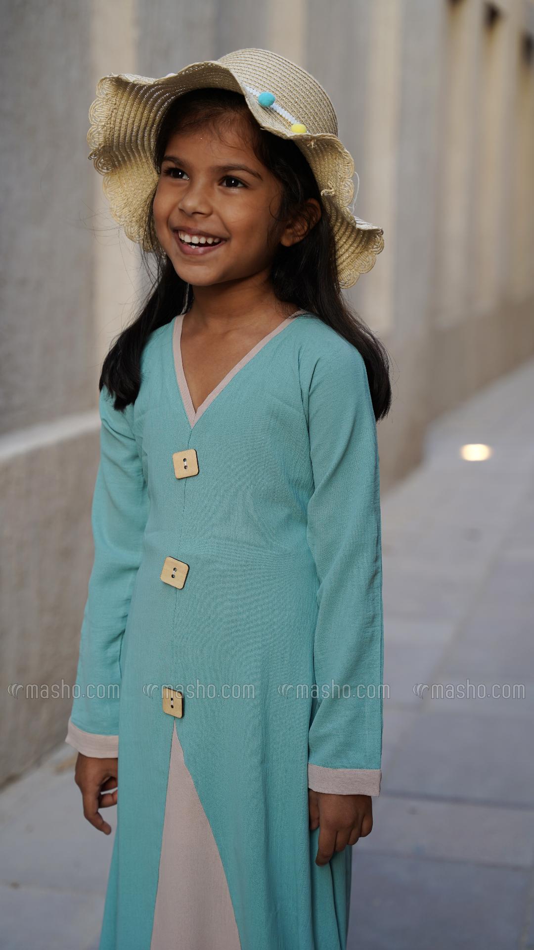 Wholesale Turquoise and Almond Kids Modest Dress with Show Buttons on the Front