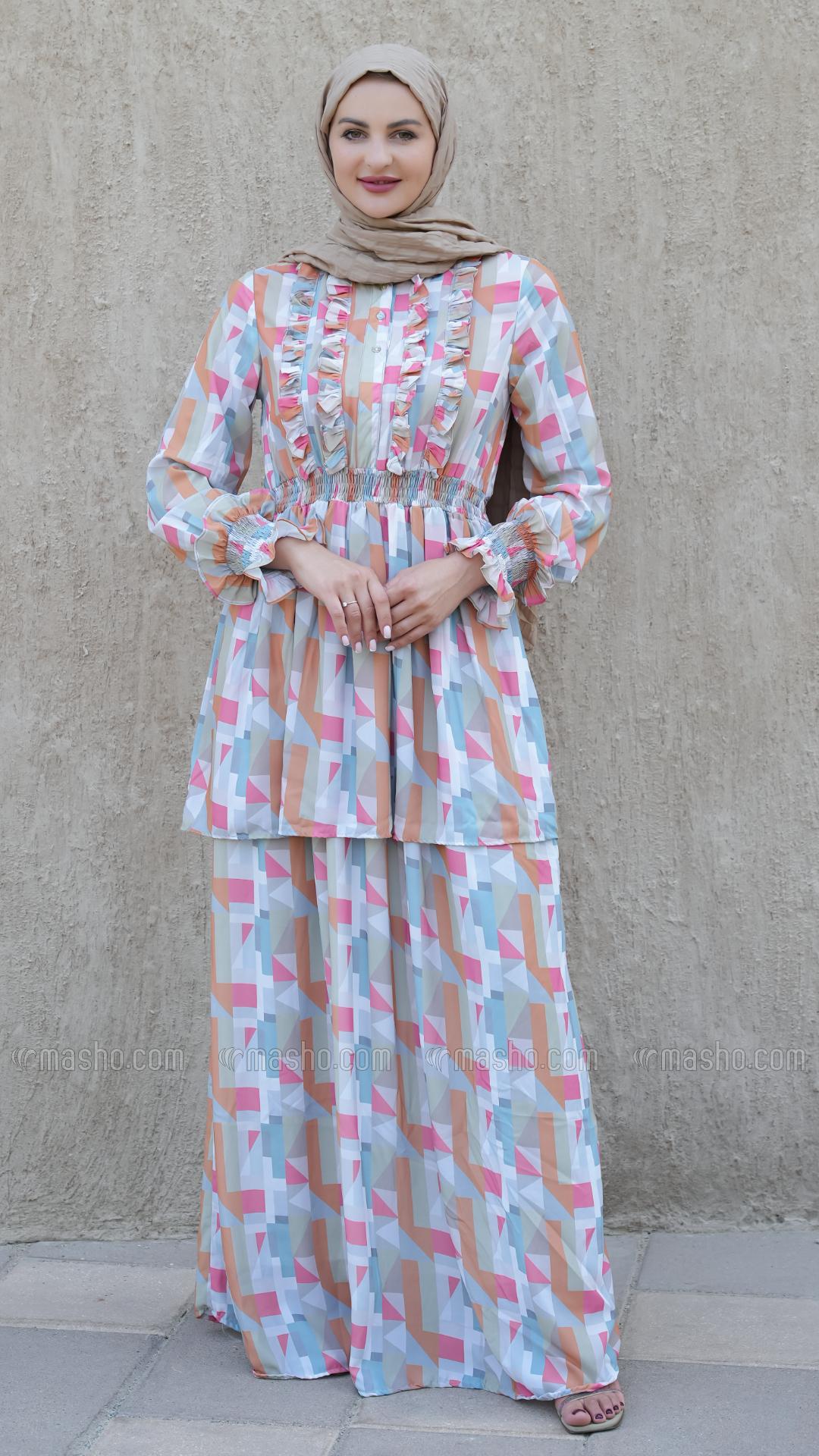 Wholesale Layered Modest Dress with Mosaic Print