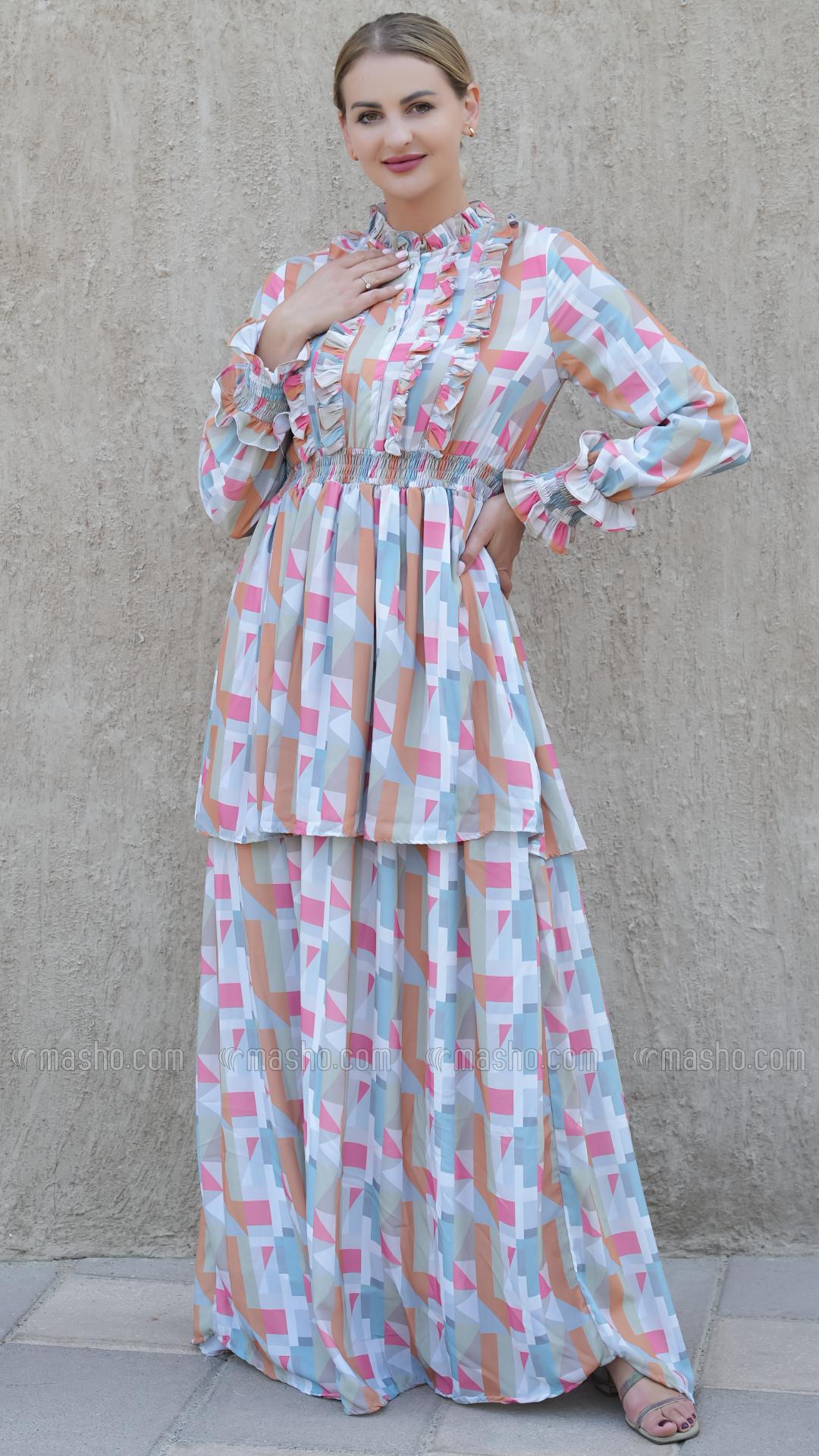 Wholesale Layered Modest Dress with Mosaic Print