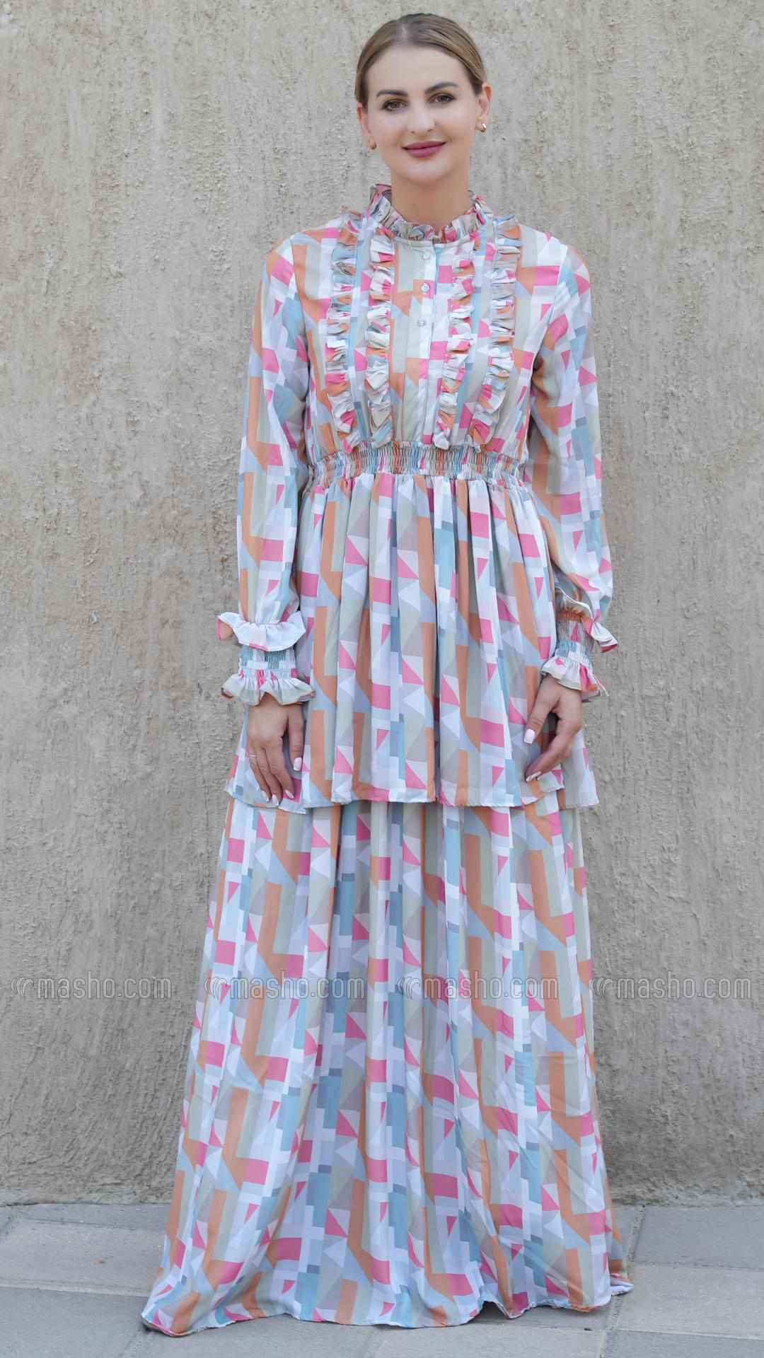 Wholesale Layered Modest Dress with Mosaic Print