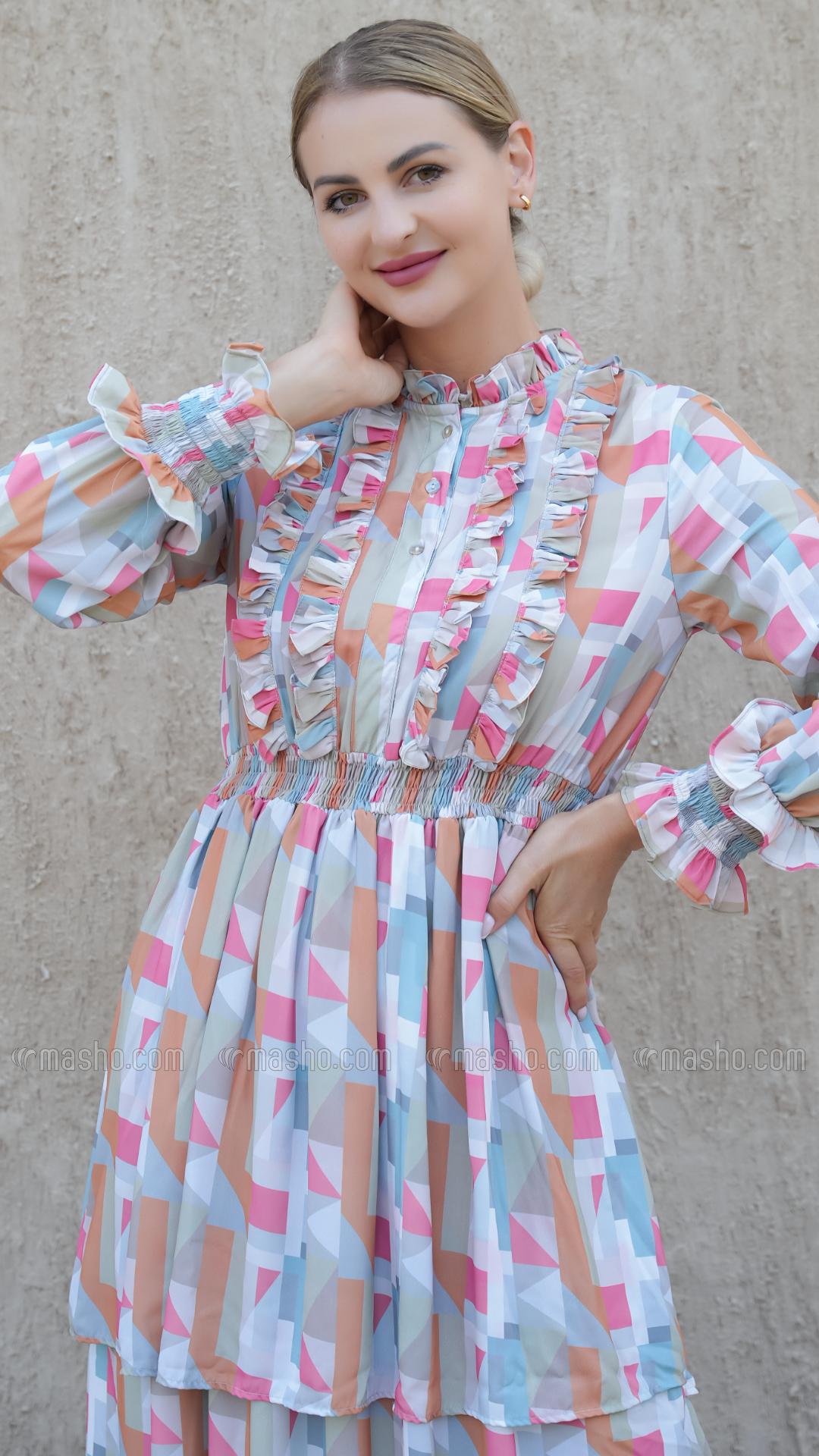Wholesale Layered Modest Dress with Mosaic Print