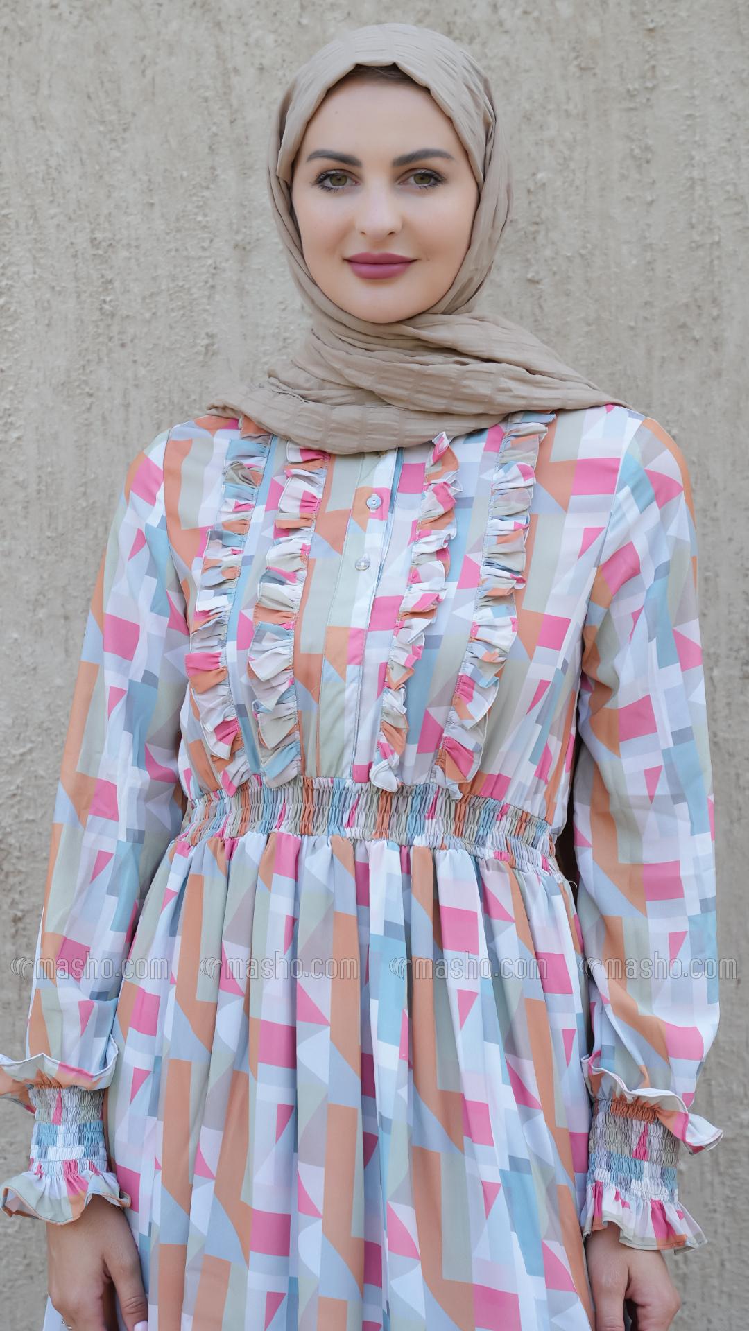 Wholesale Layered Modest Dress with Mosaic Print
