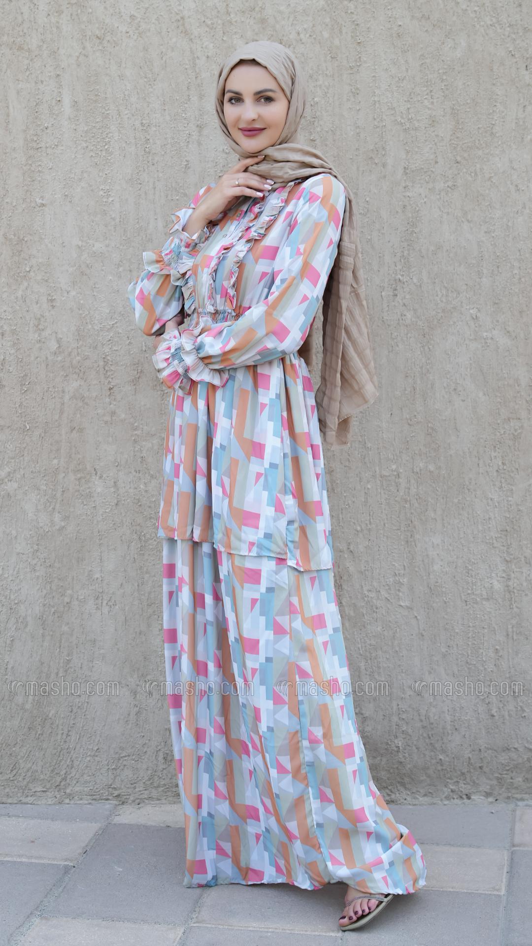 Wholesale Layered Modest Dress with Mosaic Print