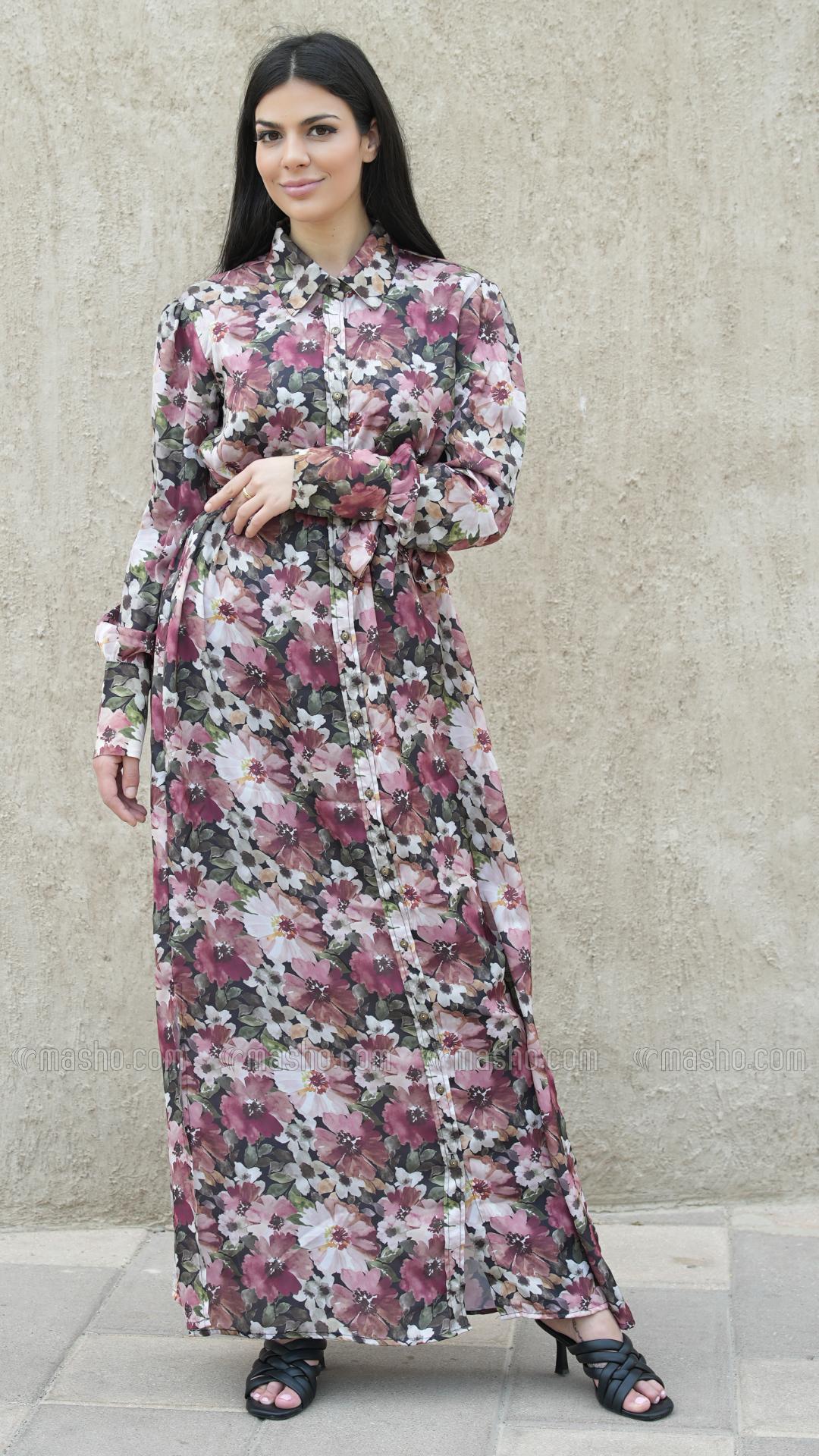 Wholesale Stylish Front Open Modest Dress with Floral Print