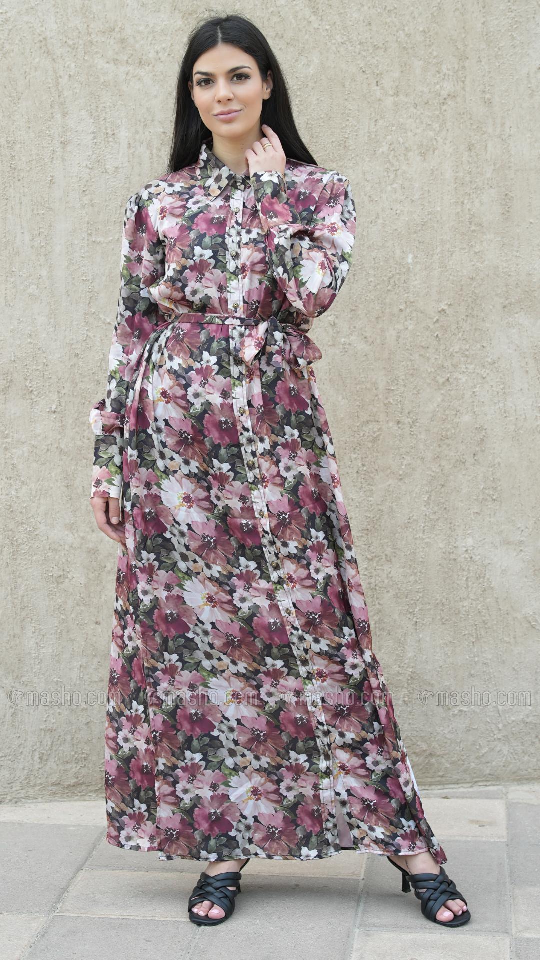 Wholesale Stylish Front Open Modest Dress with Floral Print
