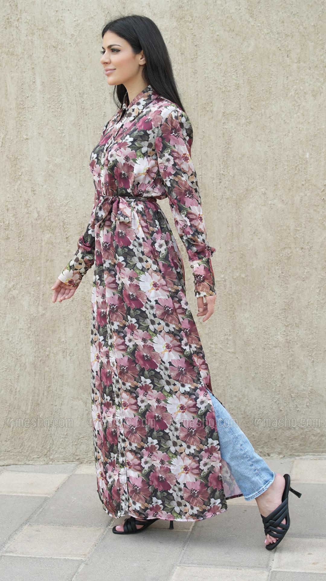 Wholesale Stylish Front Open Modest Dress with Floral Print