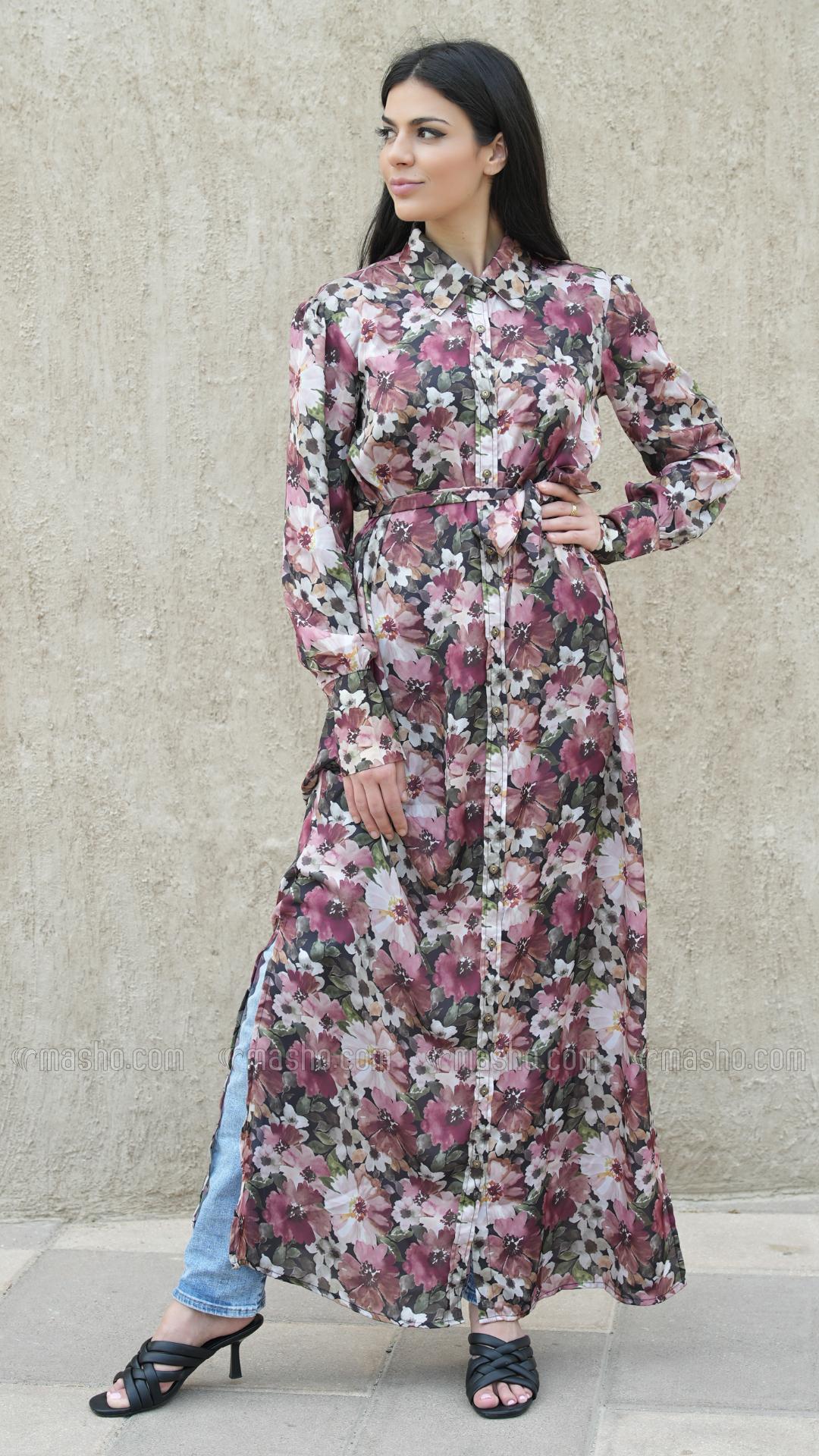 Wholesale Stylish Front Open Modest Dress with Floral Print