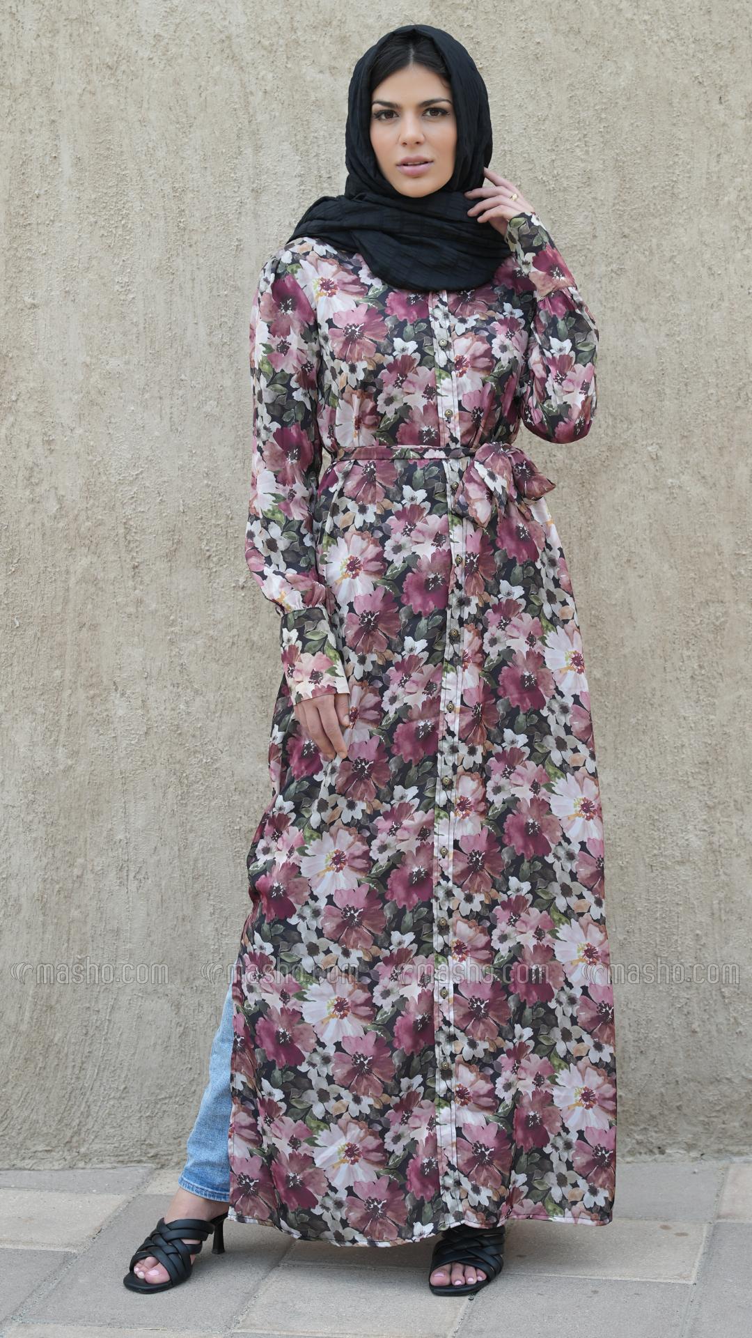 Wholesale Stylish Front Open Modest Dress with Floral Print