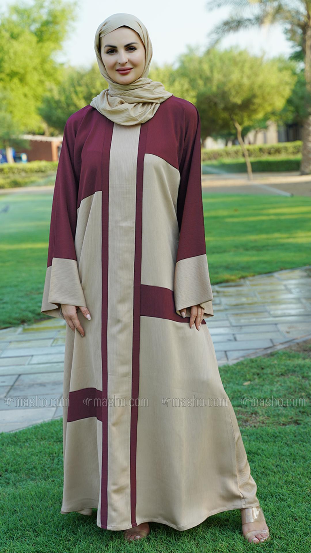 Wholesale  Dark Maroon And Beige Simple Zoom Abaya 