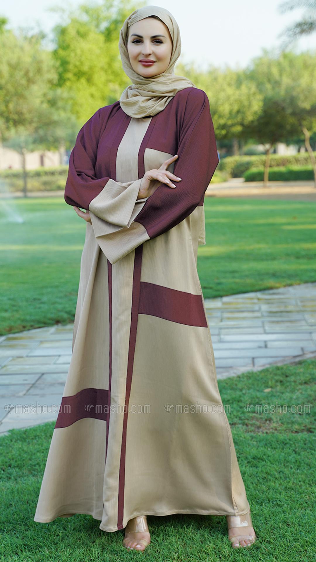 Wholesale  Dark Maroon And Beige Simple Zoom Abaya 