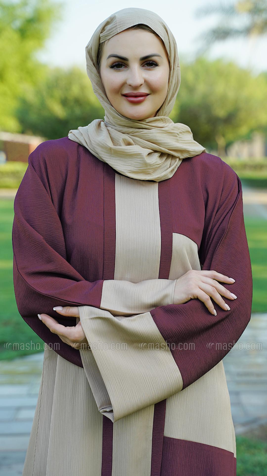 Wholesale  Dark Maroon And Beige Simple Zoom Abaya 